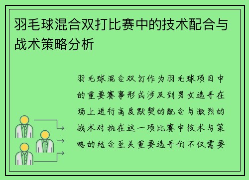 羽毛球混合双打比赛中的技术配合与战术策略分析