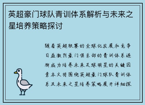 英超豪门球队青训体系解析与未来之星培养策略探讨
