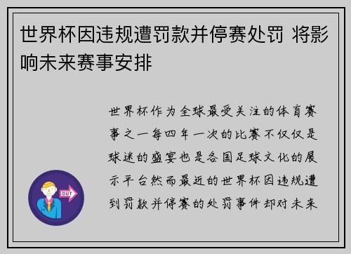 世界杯因违规遭罚款并停赛处罚 将影响未来赛事安排