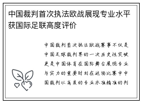 中国裁判首次执法欧战展现专业水平获国际足联高度评价 中国裁判首次执法欧战展现专业水平获国际足联高度评价